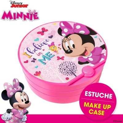 Estojo de maquilhagem rosa da Minnie com texto e figuras decorativas