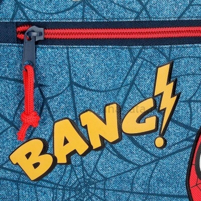 Mochila azul com padrão de teia e palavra BANG! em amarelo