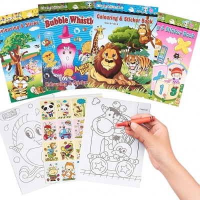 Livros de colorir e autocolantes para crianças com imagens de animais e personagens