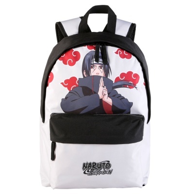 Mochila branca e preta com imagem do personagem Itachi Uchiha e bolso frontal preto