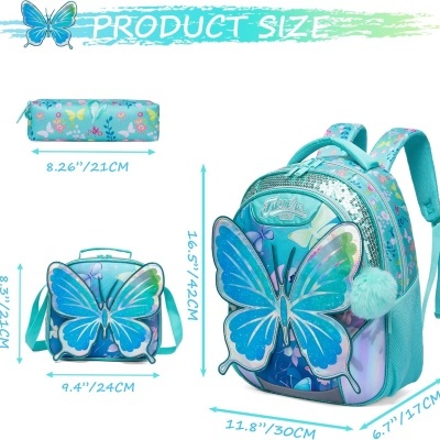 Conjunto de mochila, mala e estojo azul com borboletas e flores, medidas indicadas