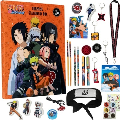 Caixa surpresa de papelaria Naruto Shippuden com itens de papelaria e acessórios temáticos do anime