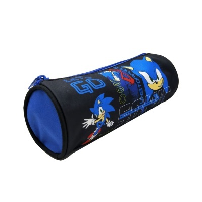 Estojo cilíndrico preto e azul com imagens do Sonic