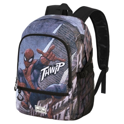 Mochila do Homem-Aranha com design urbano e texto THWIP