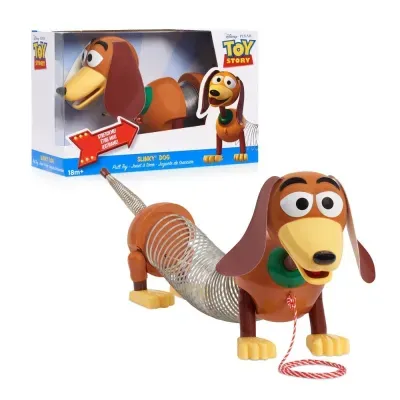 Brinquedo Slinky Dog do Toy Story em plástico castanho com mola metálica e caixa com logotipos e textos