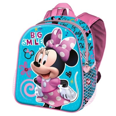 Mochila infantil azul e rosa com print da Minnie Mouse e texto BIG SMILE