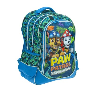Mochila infantil azul com personagens PAW PATROL e padrão camuflado