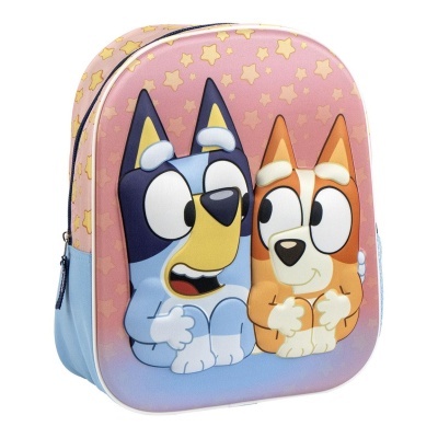 Mochila infantil com personagens Bluey e Bingo e estrelas amarelas