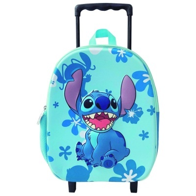 Mala de viagem infantil azul com personagem Stitch e padrão de flores