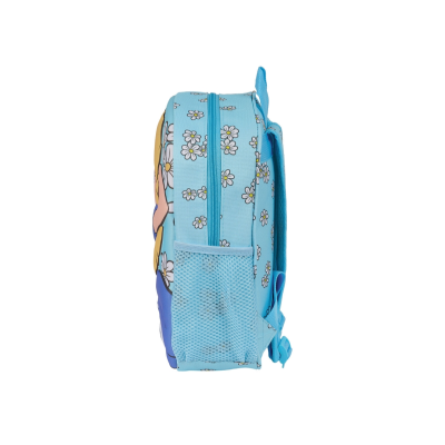 Mochila infantil azul clara com padrão floral e bolso lateral em rede