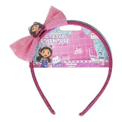 Diadema infantil rosa com laço e personagem, embalagem com texto Gabby's Dollhouse