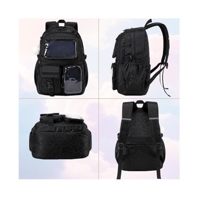 mochila preta com múltiplos compartimentos e alças ajustáveis