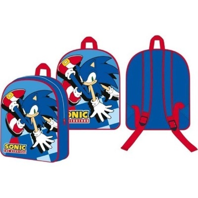 Mochila azul com desenho do personagem Sonic e alças vermelhas