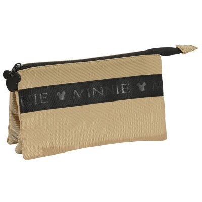 Estojo bege com faixa preta e texto MINNIE e símbolo Minnie Mouse