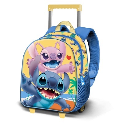 Mochila com rodas azul e amarela com personagens Stitch e Angel
