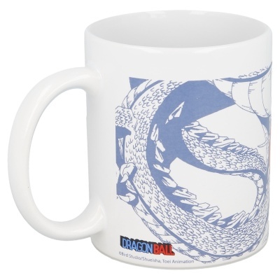 Caneca branca com desenho azul de dragão e texto DRAGON BALL