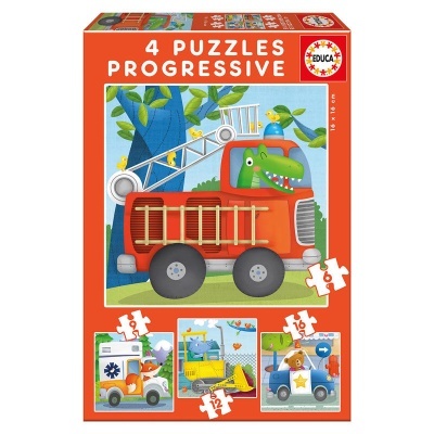 Caixa de puzzles com veículo vermelho e crocodilo desenhado e outras imagens de puzzles com veículos diversos.