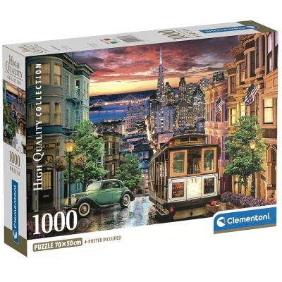 Caixa de puzzle urbano da Clementoni com 1000 peças e imagem de cidade ao pôr do sol.