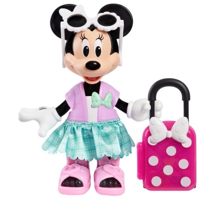 Brinquedo da personagem Minnie com roupa colorida e mala rosa