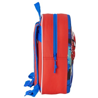 Mochila infantil azul e vermelha com Homem-Aranha vista de lado