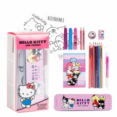 Conjunto de papelaria Hello Kitty com personagens e caixa rosa