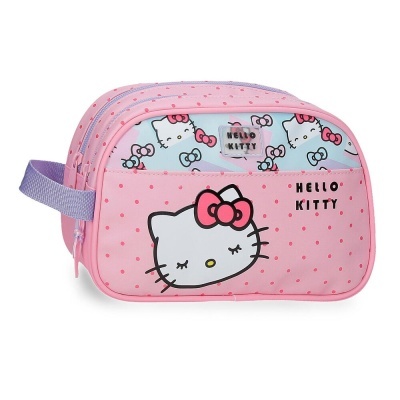 Necessaire cor-de-rosa Hello Kitty com bolinhas e alça lilás