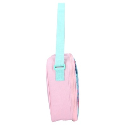 Bolsa pequena redonda rosa com alça azul claro vista lateral