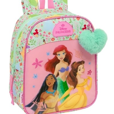Mochila infantil Disney Princess com princesas e puxador peludo em forma de coração verde