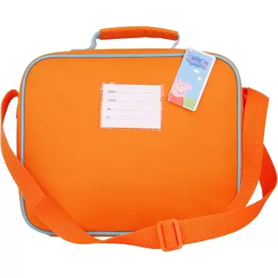 Mala escolar laranja com alça e etiqueta Peppa Pig