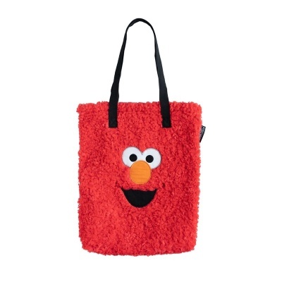 Bolsa felpuda vermelha com rosto do Elmo e alças pretas