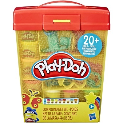 Caixa transparente de Play-Doh com tampa vermelha e rótulos coloridos.