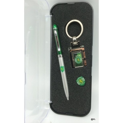 Conjunto de caneta, porta-chaves e broche verdes e prateados em estojo preto