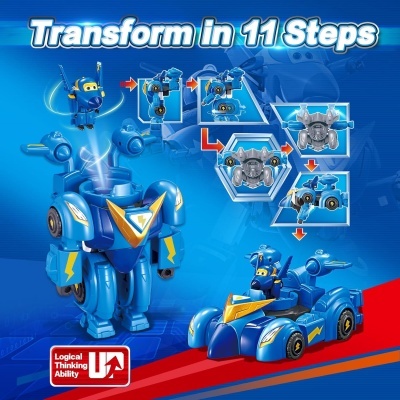 Brinquedo robô azul que se transforma em carro azul em 11 passos com texto e ícone educativo