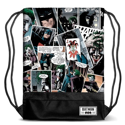 Mochila saco preta com painéis de banda desenhada do Batman e Joker em cores