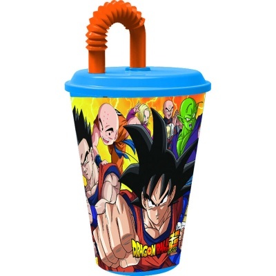 Copo plástico azul com canudo laranja e personagens de Dragon Ball Z coloridos