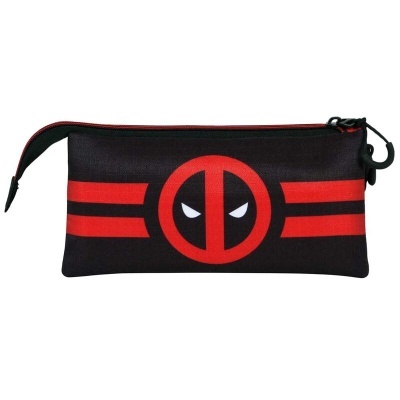 Estojo preto com fecho vermelho e símbolo vermelho do Deadpool