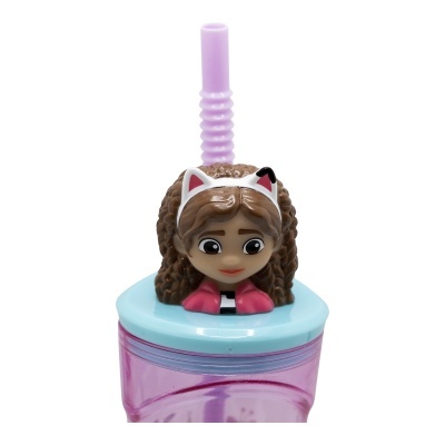 Copo de plástico rosa e azul com tampa figurativa e palhinha lilás