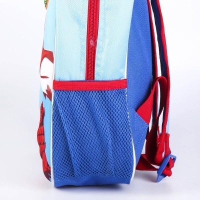 Mochila infantil azul claro, azul escuro e vermelha com bolso de rede lateral e estampa de super-herói