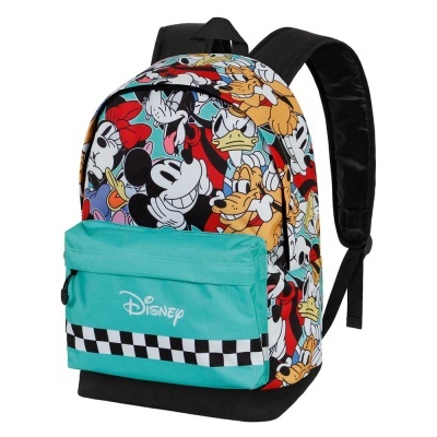 Mochila colorida com personagens Disney e bolso azul turquesa