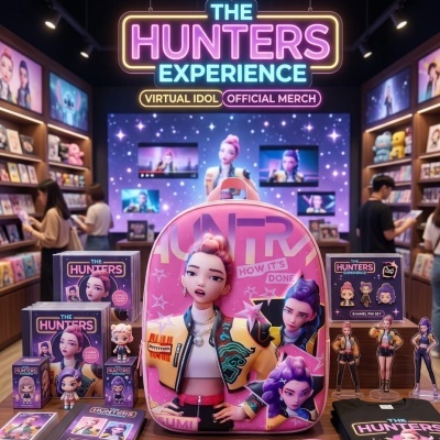 Mochila rosa e merchandise THE HUNTERS EXPERIENCE com personagens animados numa loja