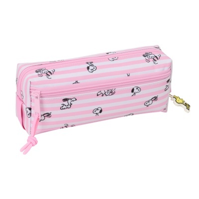 Estojo rosa às riscas com desenhos do Snoopy e fecho com pendente de pássaro amarelo