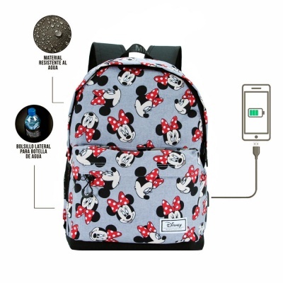 mochila cinza com padrão Minnie e bolso frontal