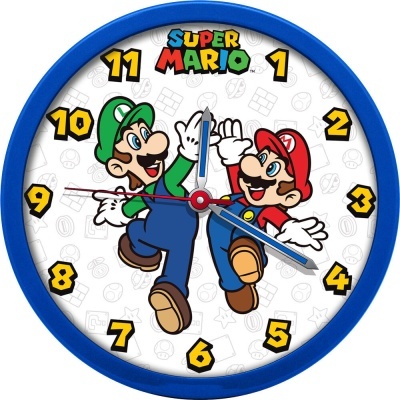 Relógio de parede azul com Super Mario e Luigi no mostrador