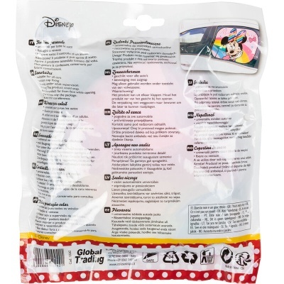 Embalagem de produto Disney com imagem de Minnie Mouse em carro, texto multilíngue e cores branco e vermelho