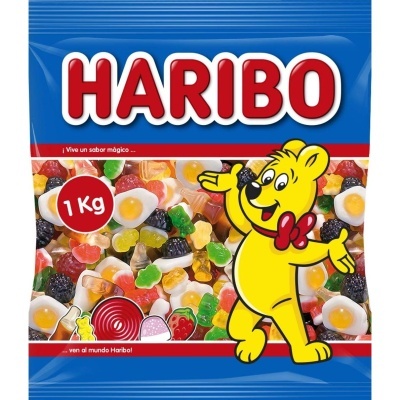 Pacote azul de gomas HARIBO com urso amarelo e janela transparente mostrando doces coloridos