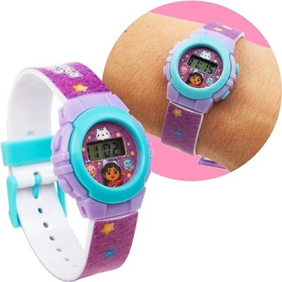 Relógio digital infantil colorido com personagens e estrelas