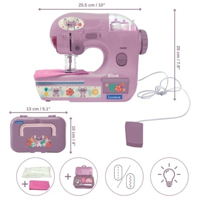 Máquina de costura elétrica rosa com desenho Disney Stitch e acessórios em estojo