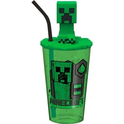 Copo verde transparente Minecraft com tampa decorada com figura de Creeper e canudo preto