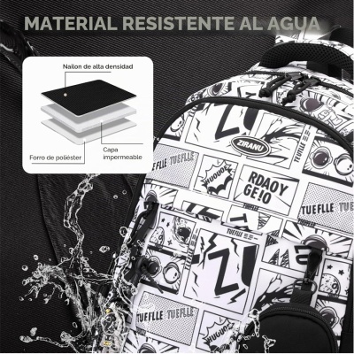 Mochila branca e preta com padrão de banda desenhada e resistência à água