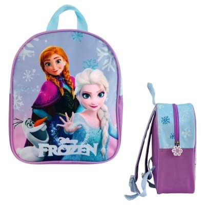 Mochila infantil Frozen com personagens Anna, Elsa e Olaf e detalhes em roxo e azul